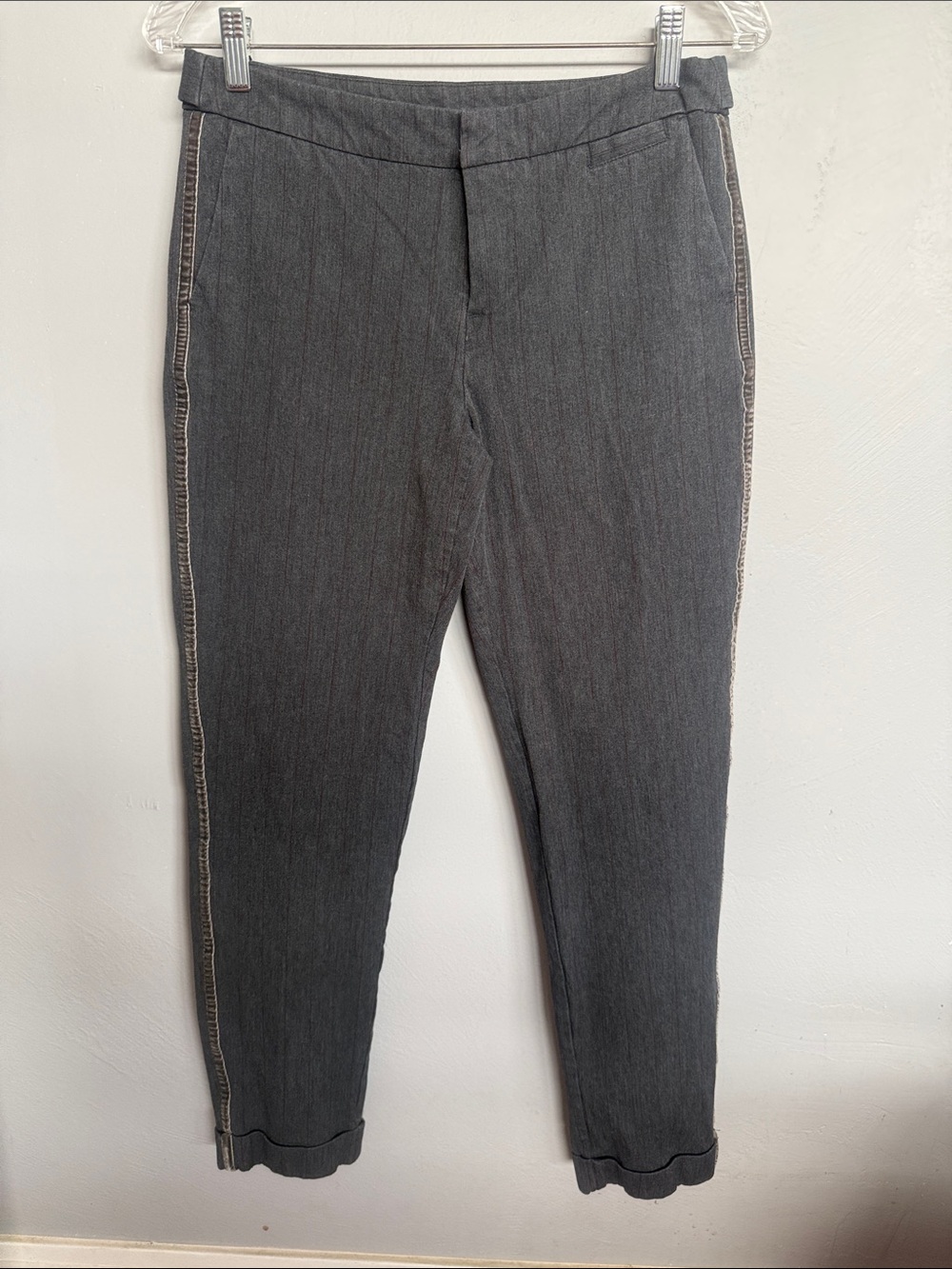 Sundance Grey:Burgundy Pinstripe Cotton Blend Stretch pant w/Velvet Side Stripe
